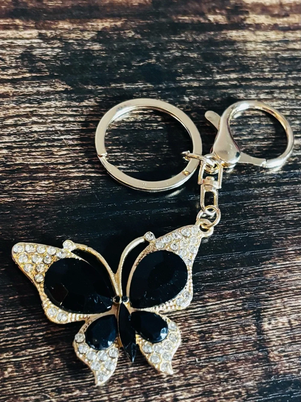 Gold Tone Black Crystal Rhinestone Butterfly Keychain